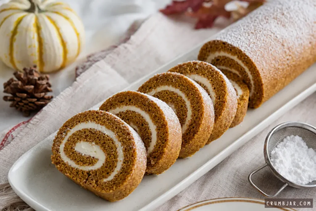 Sliced spiced pumpkin roll cake filled with white cream filling and dusted with powdered sugar on a rectangular platter.