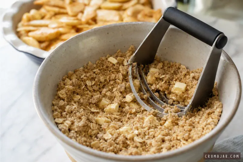 Using a pastry cutter to blend cold butter pieces into rolled oats, brown sugar, and flour topping mixture in a bowl for apple crisp.
