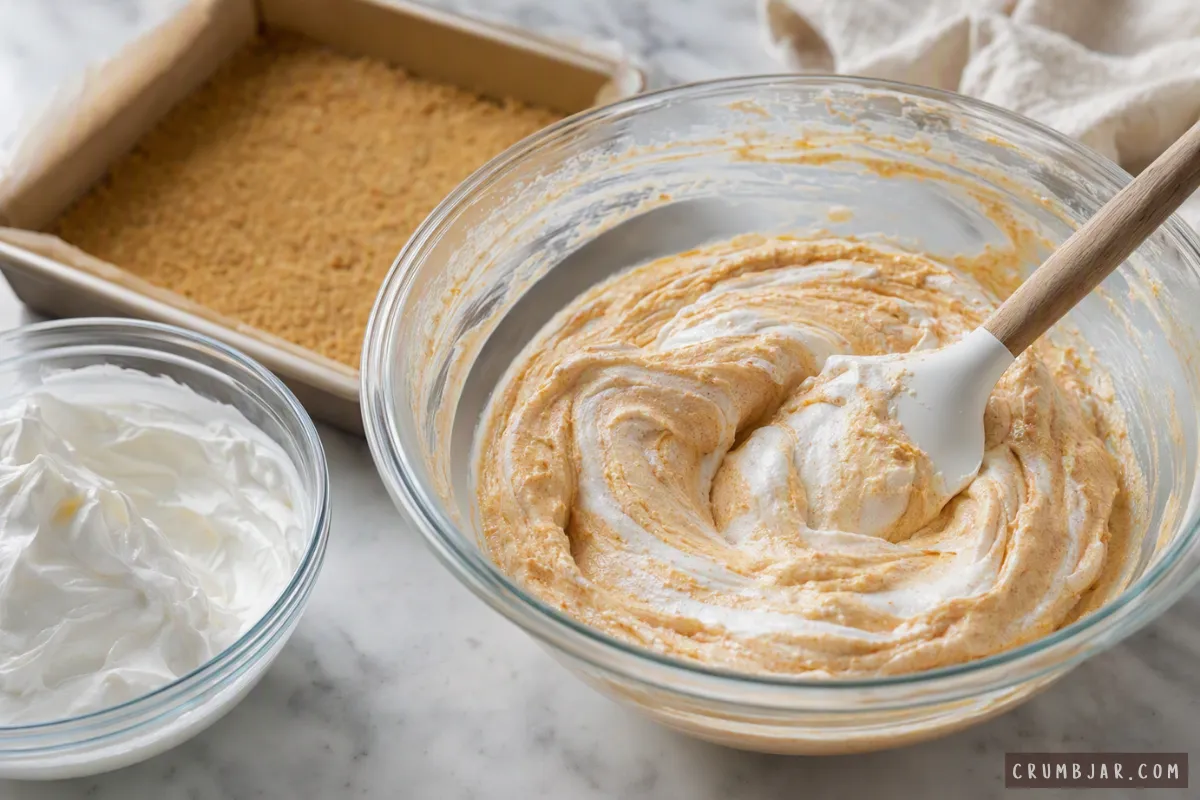 Folding whipped cream into an orange pumpkin cheesecake mixture in a glass bowl next to a graham cracker crust.