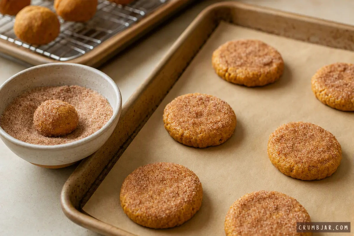 Rolling pumpkin snickerdoodle dough balls in cinnamon sugar next to flattened dough disks on a parchment-lined baking sheet.
