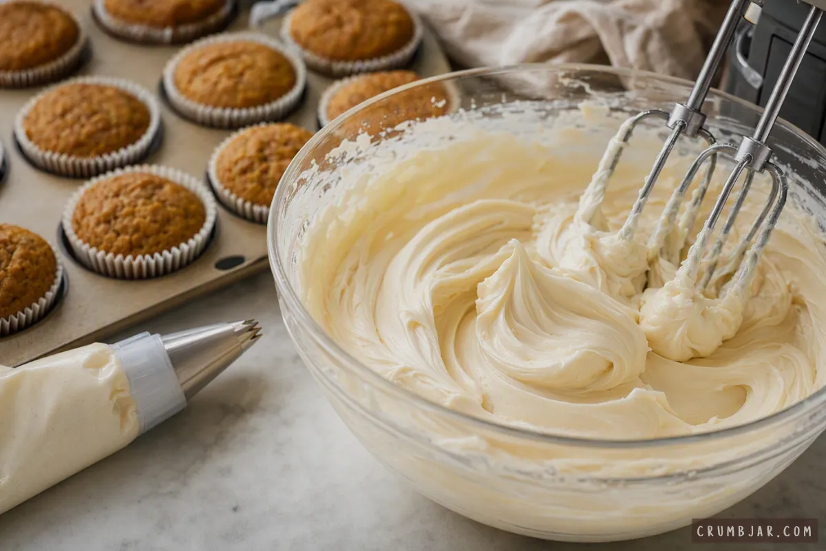 Whipping cream cheese frosting in a glass bowl with an electric hand mixer next to baked pumpkin cupcakes and a piping bag.