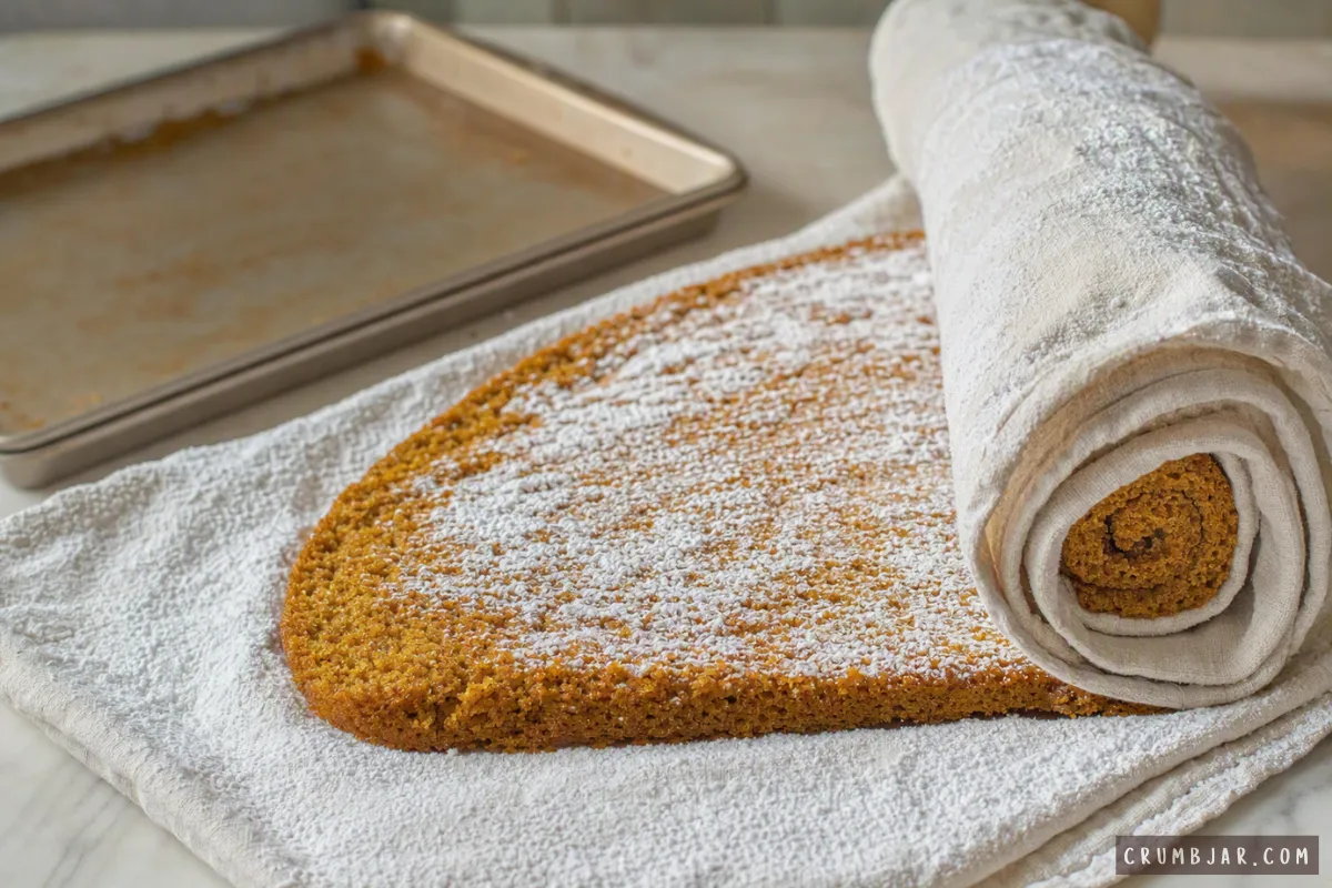 Rolling a warm pumpkin sponge cake in a powdered sugar-dusted kitchen towel next to an empty baking pan.