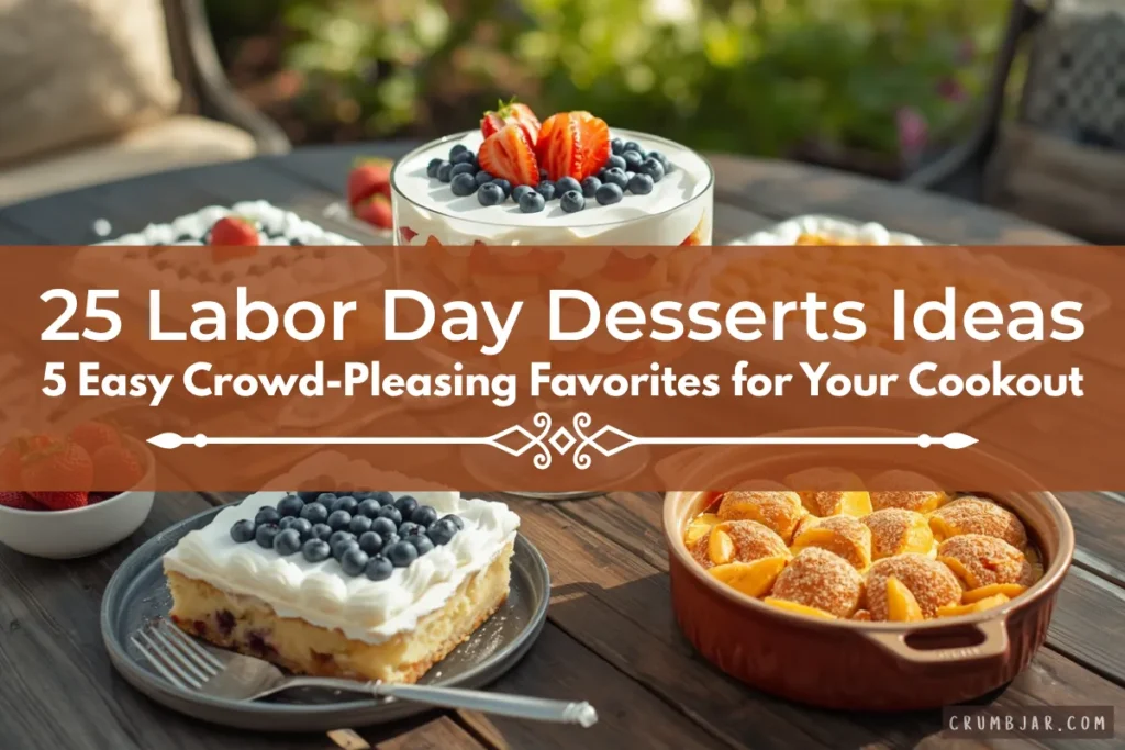 An outdoor table featuring red, white, and blue Labor Day desserts including a berry glass trifle, berry cake slice, and peach cobbler, with overlay text reading "25 Labor Day Desserts Ideas: 5 Easy Crowd-Pleasing Favorites for Your Cookout."