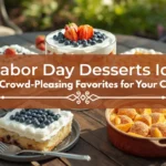 An outdoor table featuring red, white, and blue Labor Day desserts including a berry glass trifle, berry cake slice, and peach cobbler, with overlay text reading "25 Labor Day Desserts Ideas: 5 Easy Crowd-Pleasing Favorites for Your Cookout."