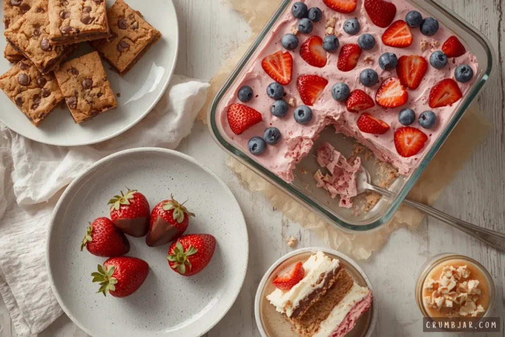Overhead view of a Labor Day dessert spread featuring a berry icebox cake topped with fresh strawberries and blueberries, chocolate chip blondies, and chocolate-dipped strawberries.