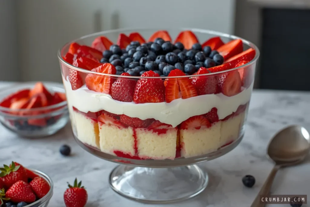 A pedestal glass bowl filled with a berry trifle layered with sponge cake, vanilla cream, fresh sliced strawberries, and a mound of blueberries on top.