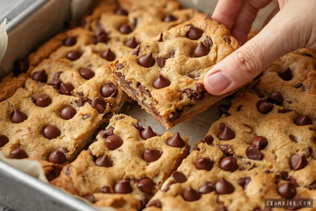 A hand lifting a thick square chocolate chip cookie bar loaded with melted chocolate chips from a parchment-lined baking pan.
