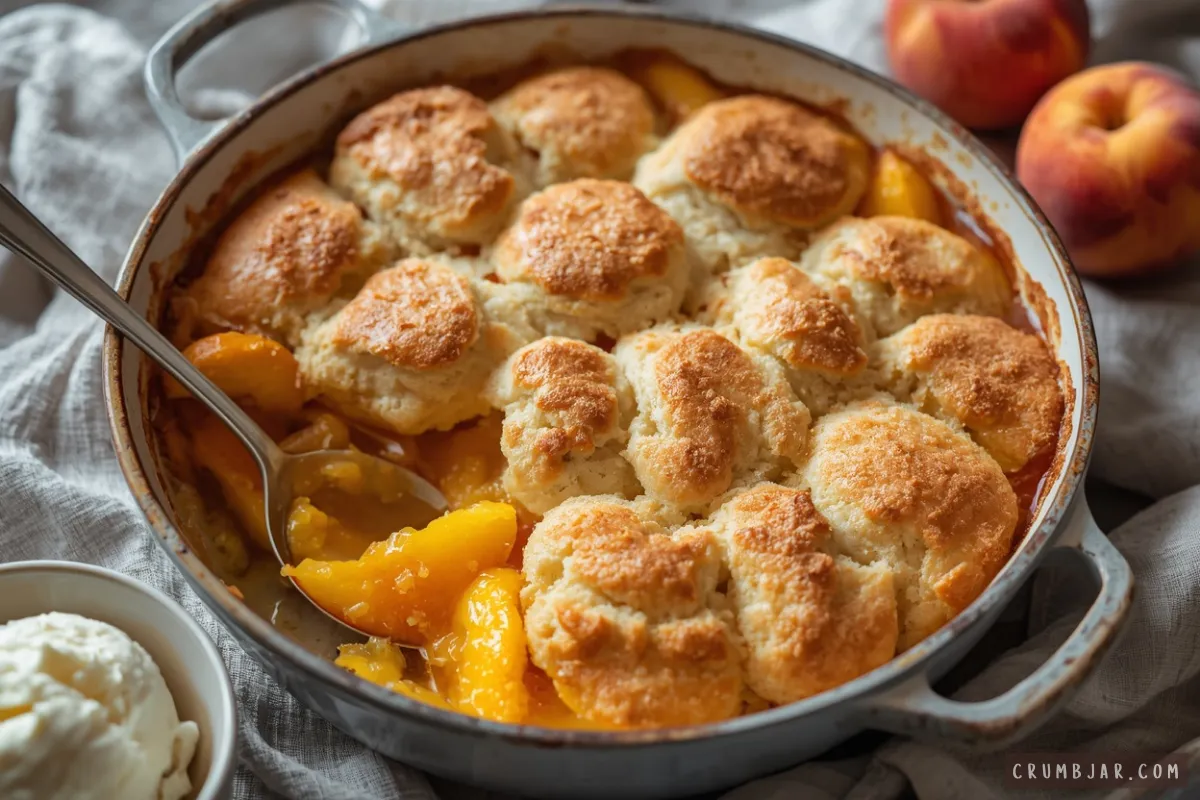 A serving spoon scooping warm peach cobbler with a golden brown biscuit topping from a round baking dish next to a bowl of vanilla ice cream and fresh peaches.