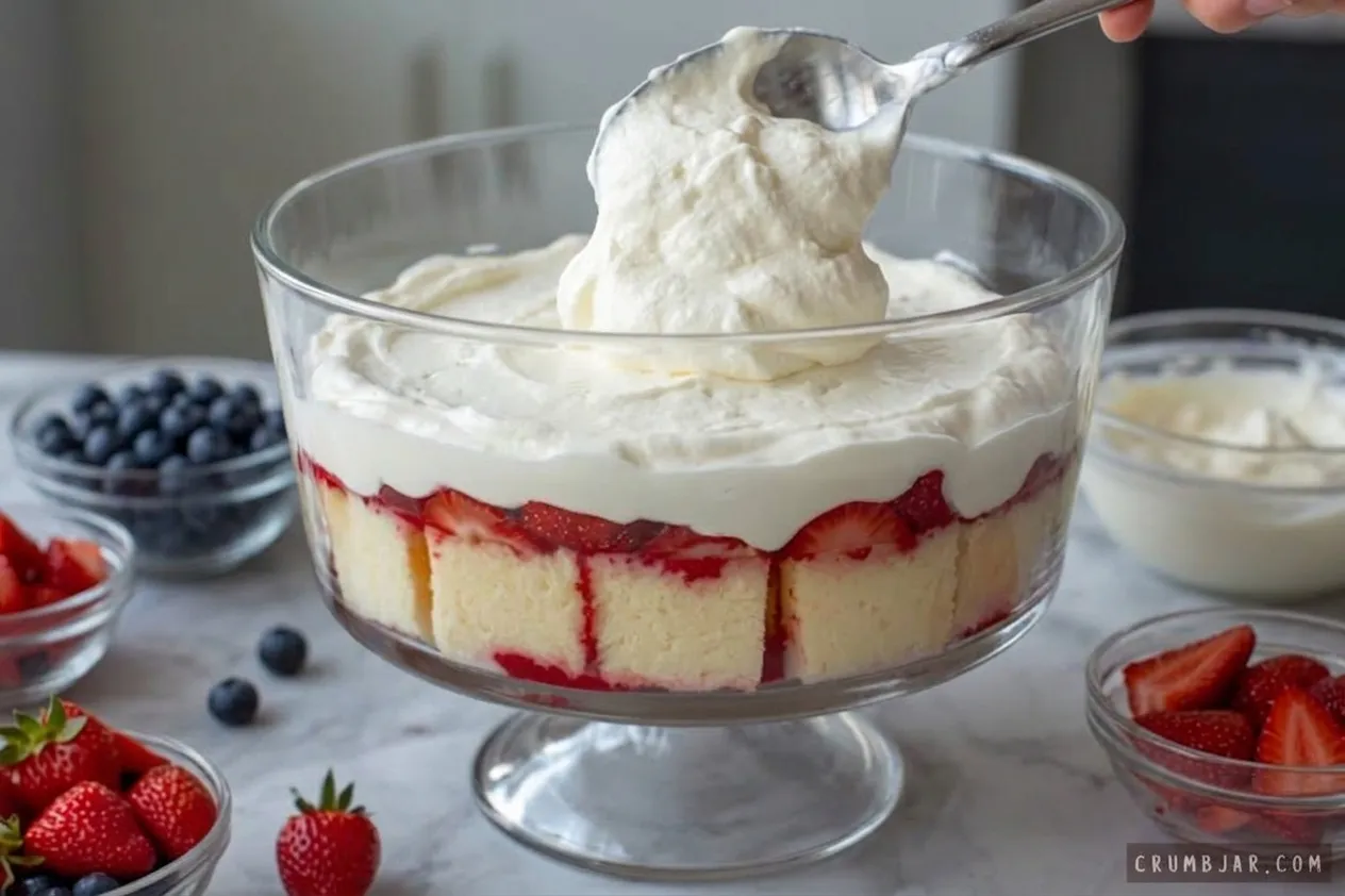Spoonout of whipped cream being spread over a layer of strawberries and cake cubes in a glass trifle bowl.