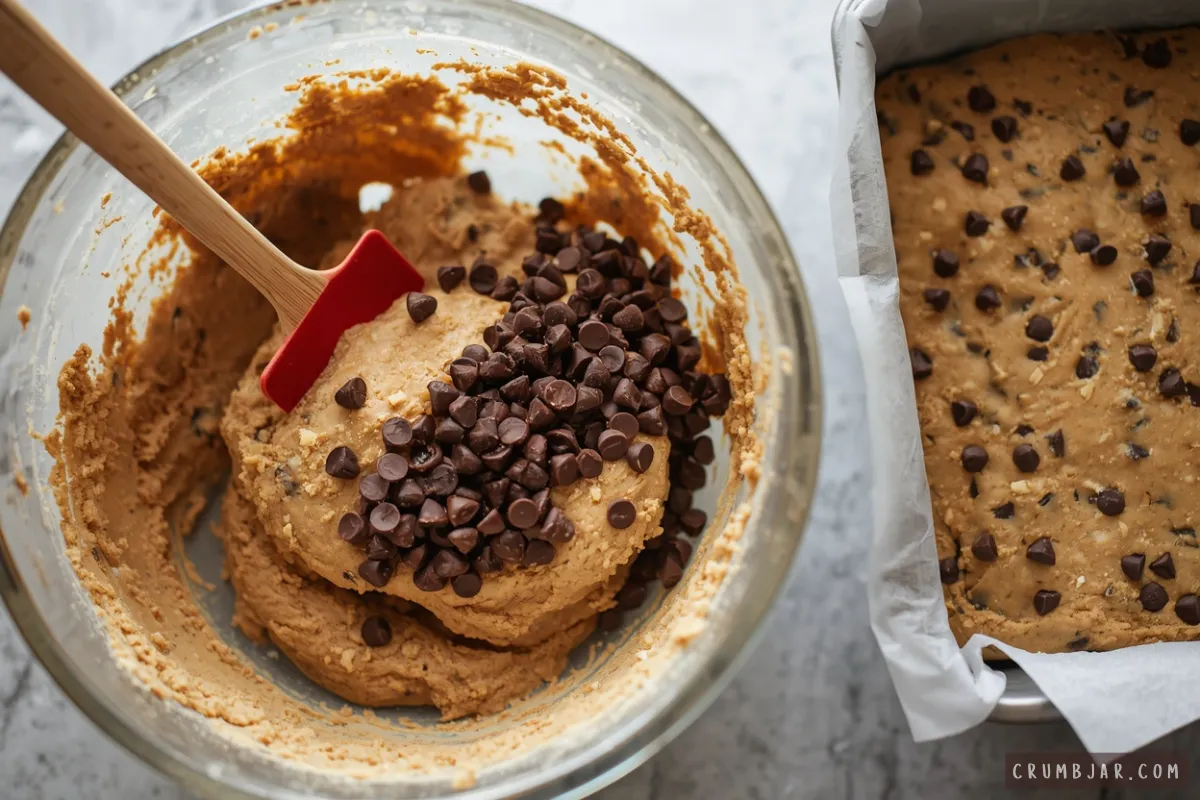 Folding chocolate chips into cookie bar dough with a spatula in a glass mixing bowl next to a parchment-lined baking pan.
