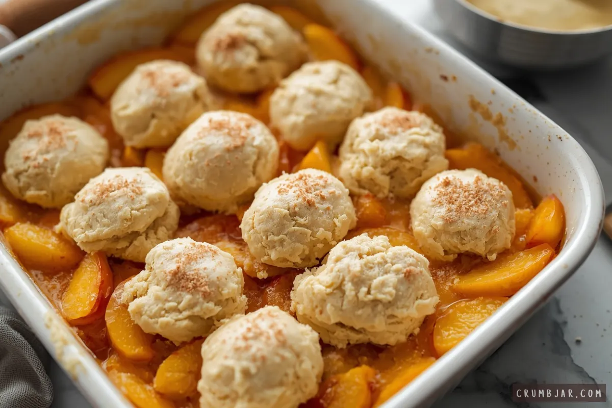 Scoops of biscuit dough sprinkled with cinnamon sugar placed over sliced peaches in a white baking dish before baking.