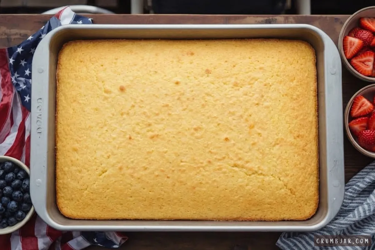 Overhead view of a golden baked sheet cake cooled in a metal baking pan next to bowls of fresh blueberries and sliced strawberries.