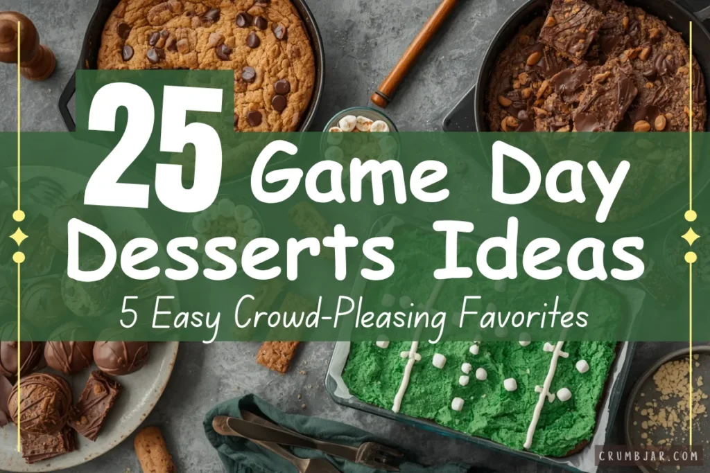 An overhead view of a Game Day dessert spread including a football field cake, chocolate truffles, a giant skillet cookie, and brownies, with overlay text reading "25 Game Day Desserts Ideas: 5 Easy Crowd-Pleasing Favorites."