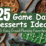 An overhead view of a Game Day dessert spread including a football field cake, chocolate truffles, a giant skillet cookie, and brownies, with overlay text reading "25 Game Day Desserts Ideas: 5 Easy Crowd-Pleasing Favorites."