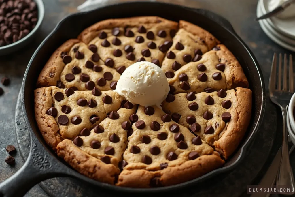 A warm chocolate chip skillet cookie sliced into triangular pizza wedges and topped with a scoop of vanilla ice cream in a cast-iron skillet.