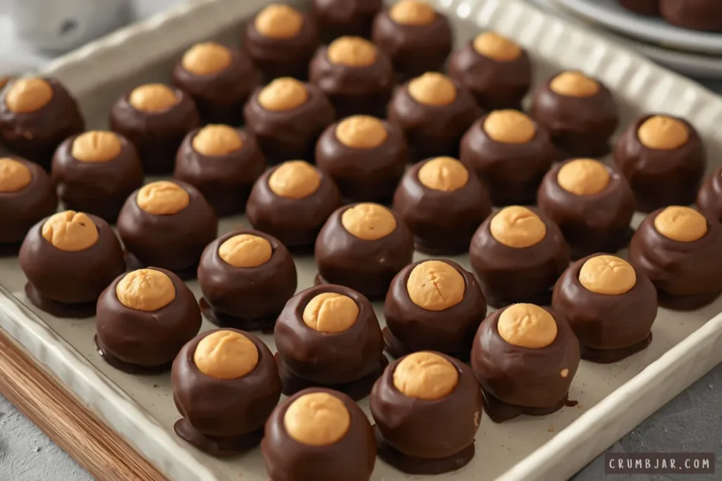 A baking tray filled with rows of classic no-bake peanut butter buckeyes dipped in smooth dark chocolate with peanut butter centers visible.