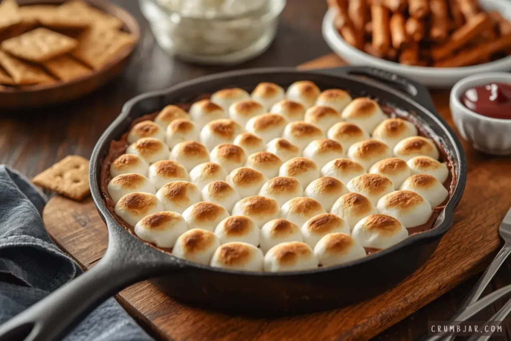 Warm s'mores dip in a cast-iron skillet topped with toasted golden-brown marshmallows, surrounded by graham crackers and pretzel sticks for dipping.