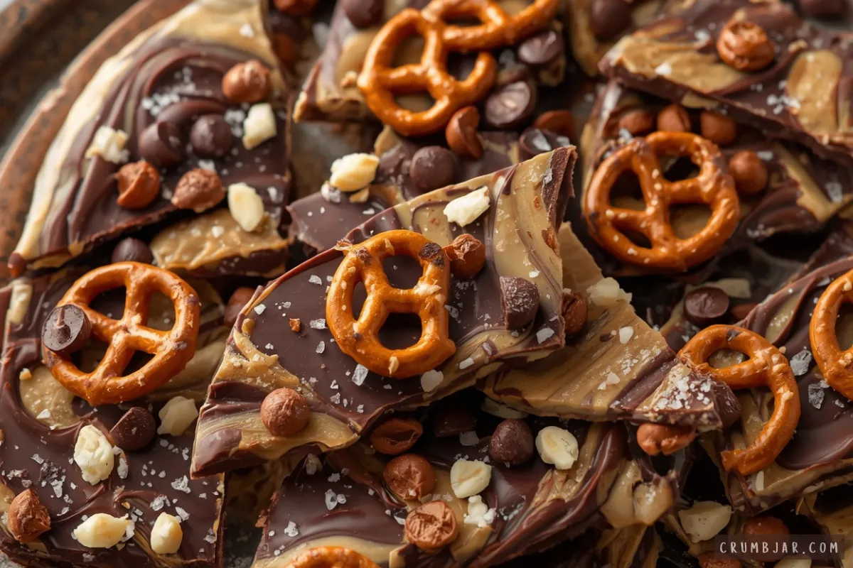 Broken pieces of chocolate peanut butter bark swirled with peanut butter, topped with mini pretzel twists, chocolate chips, nuts, and flaky sea salt.