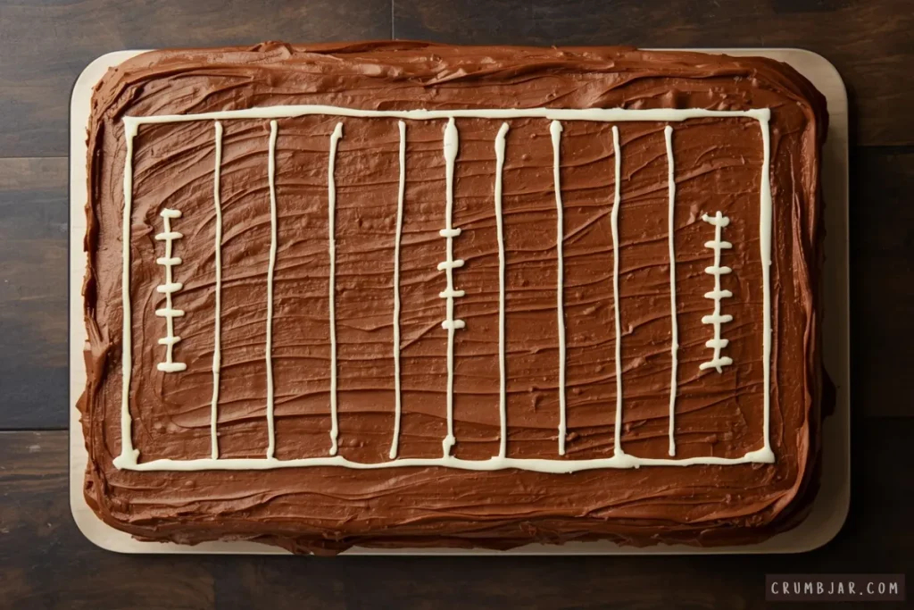 Overhead view of a rectangular sheet cake frosted with chocolate icing and piped with white frosting yard lines and laces to look like a football field.