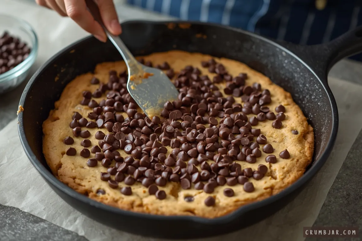 Spreading chocolate chips evenly over cookie dough in a cast-iron skillet with a spatula before baking.