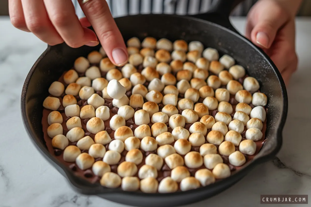 Arranging mini marshmallows on top of chocolate chips in a cast-iron skillet to prepare warm s'mores dip.