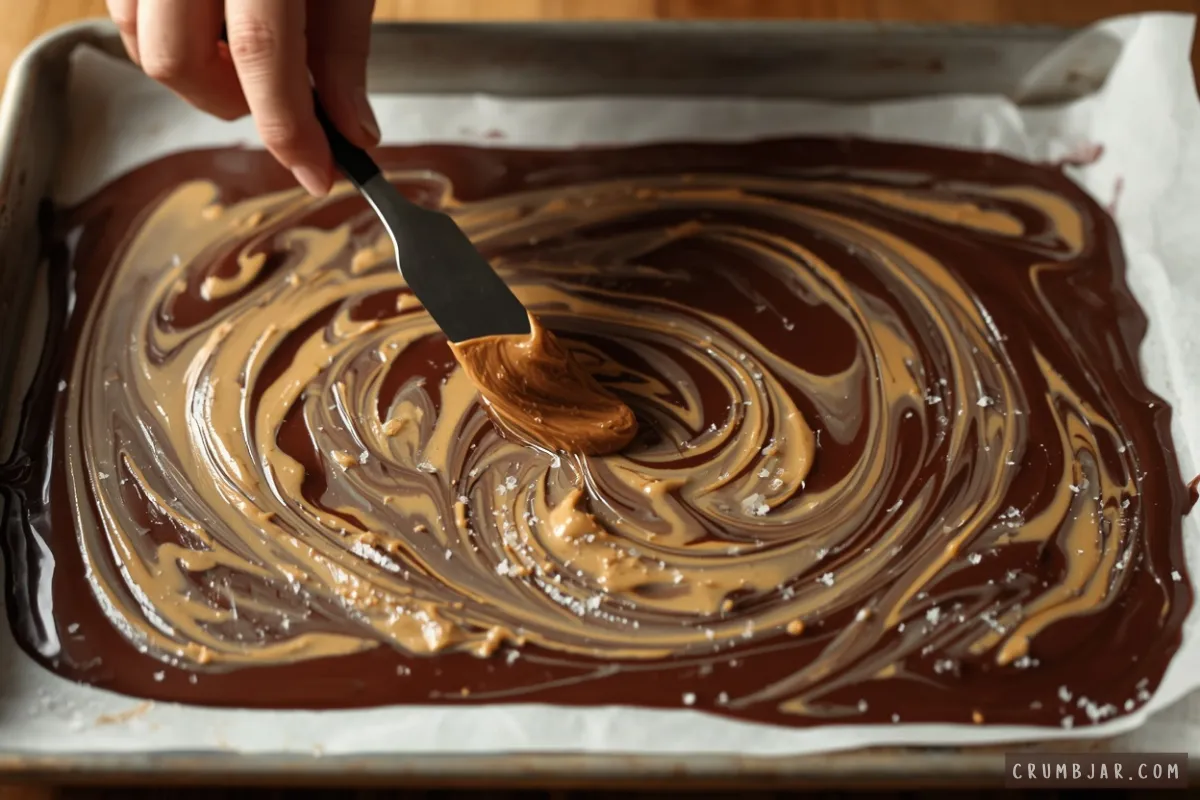 Swirling melted peanut butter into smooth chocolate with a spatula on a parchment-lined baking sheet to make chocolate peanut butter bark.