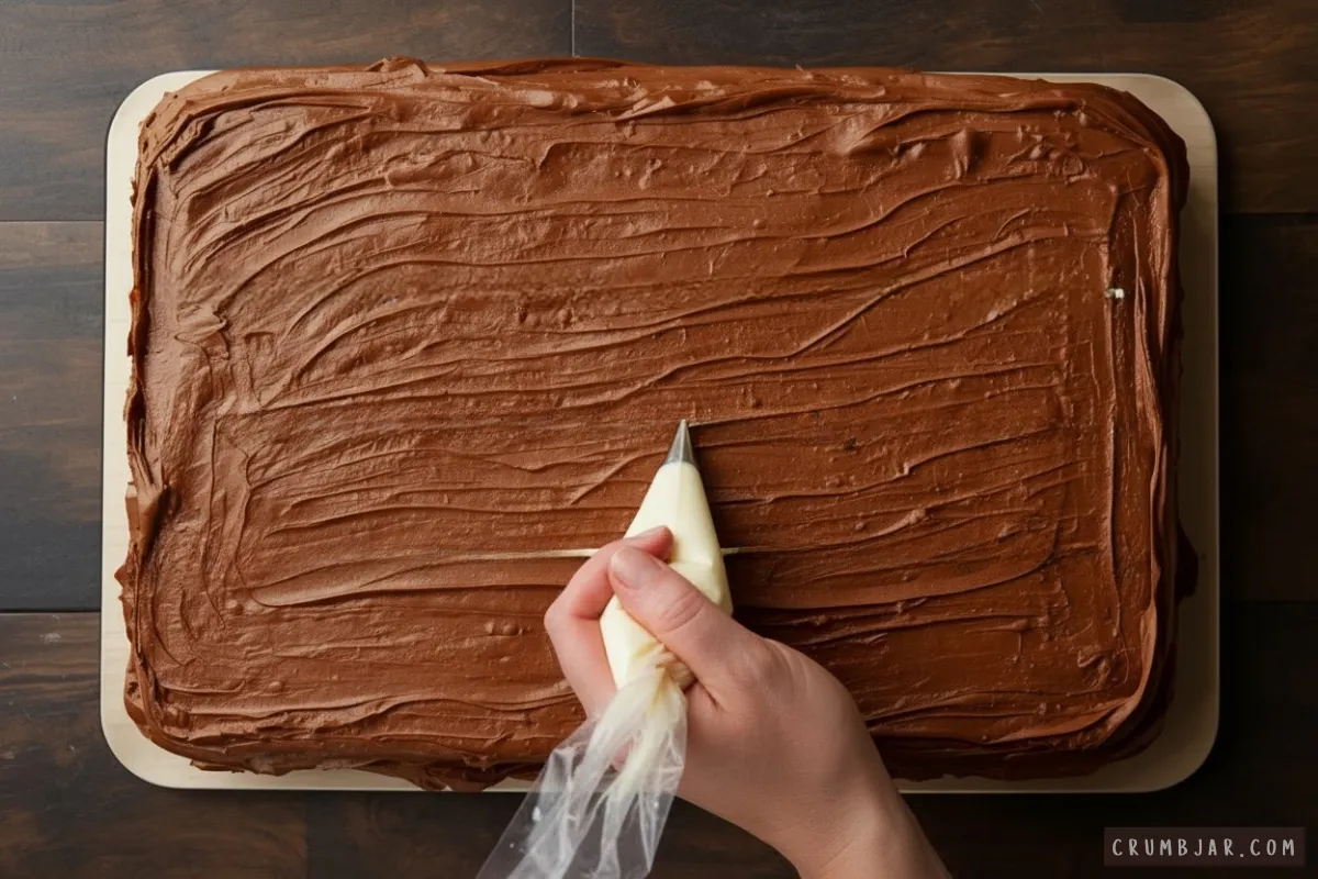 Piping white frosting lines onto a chocolate sheet cake with a piping bag to create football field markings.