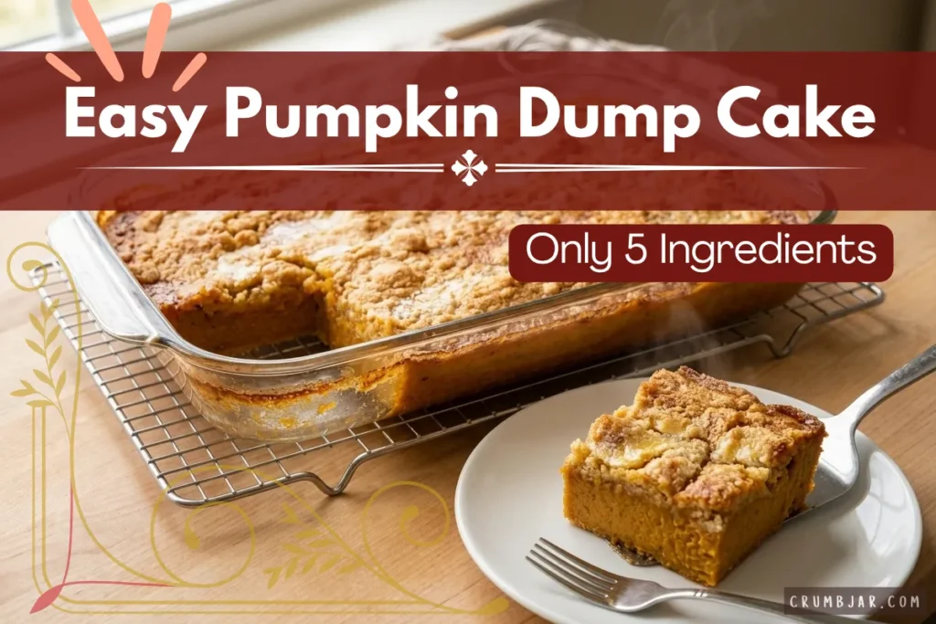 A slice of warm pumpkin dump cake with a golden streusel topping served on a white plate next to a glass baking dish, with text reading "Easy Pumpkin Dump Cake: Only 5 Ingredients."