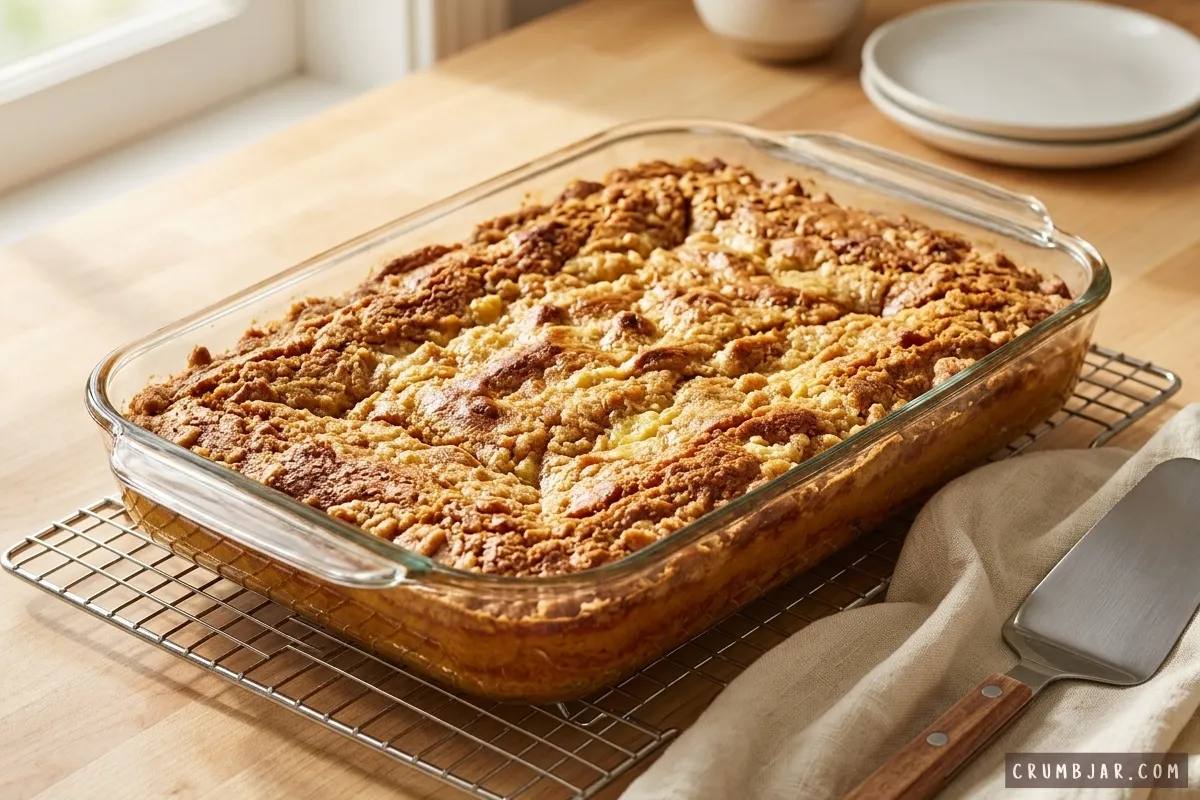 Freshly baked pumpkin dump cake with a golden-brown crumb crust cooling in a glass baking dish on a wire rack.