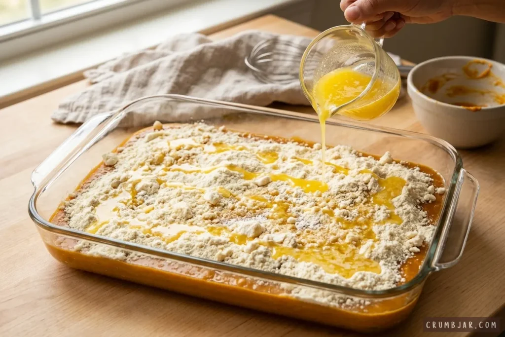 Pouring melted butter over dry cake mix and pumpkin puree layer in a glass baking dish to assemble a pumpkin dump cake.