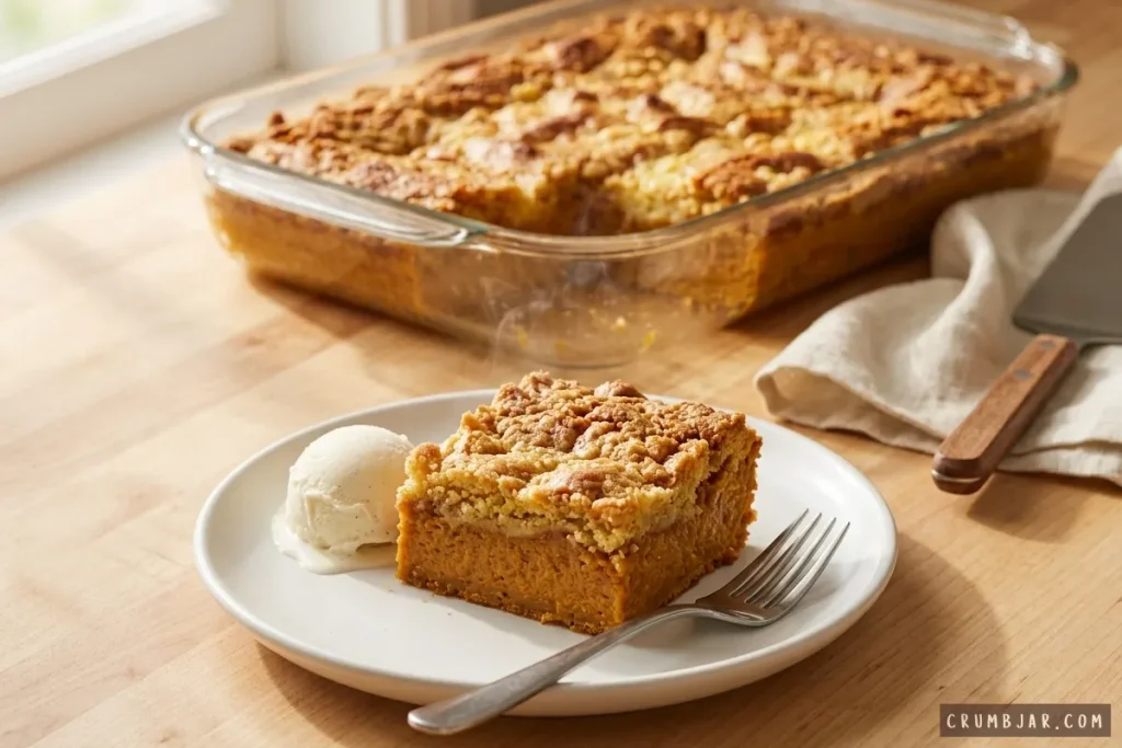 A slice of warm pumpkin dump cake served on a white plate with a scoop of vanilla ice cream next to the baking dish.