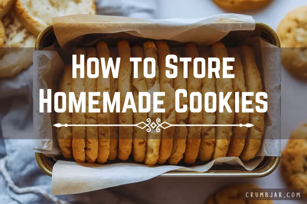 Freshly baked golden cookies neatly arranged in a parchment-lined metal container, overlay text reading "How to Store Homemade Cookies."