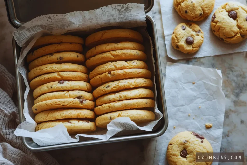 Overhead view of freshly baked chocolate chip cookies packed neatly in two rows inside a parchment-lined tin box for storage.