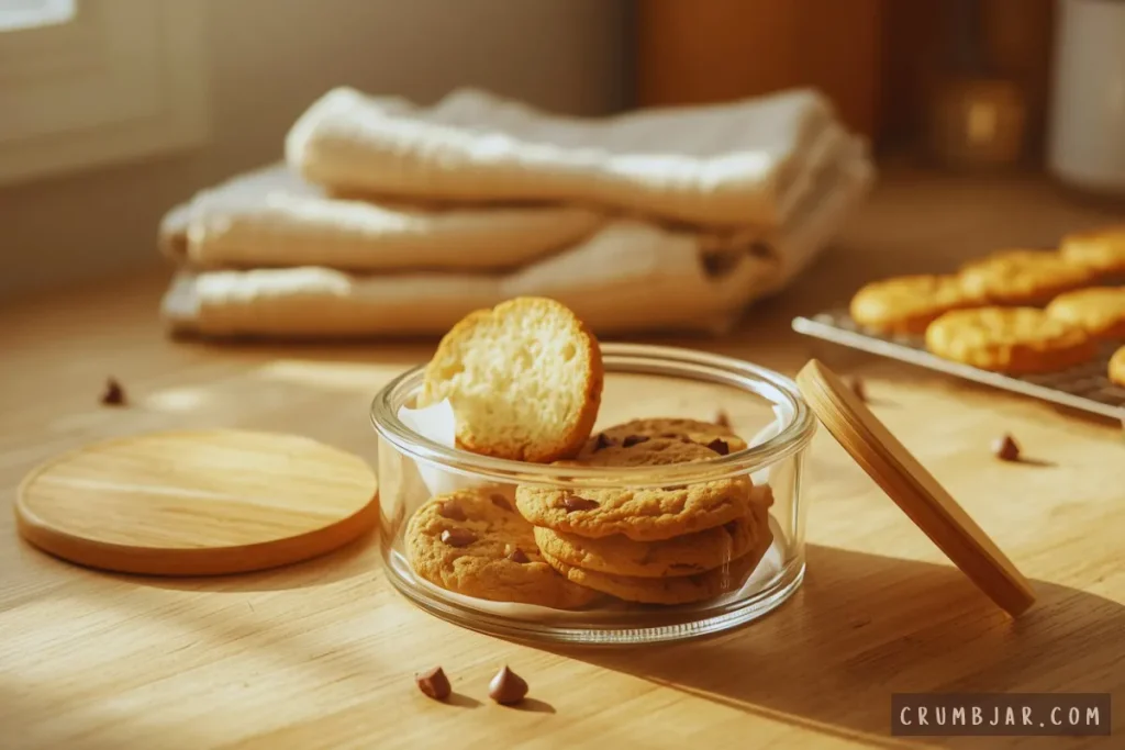 Soft chocolate chip cookies stored inside a clear glass airtight container with a slice of white bread to retain moisture.