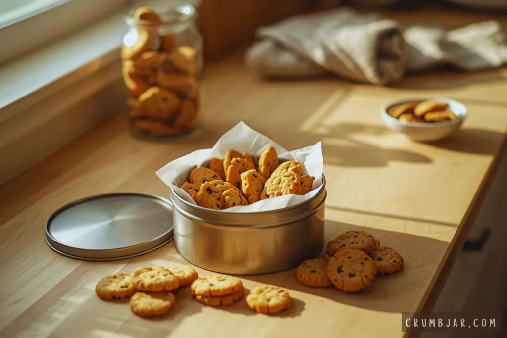 Crisp homemade cookies stored separately in an open metal tin lined with parchment paper on a wooden countertop.