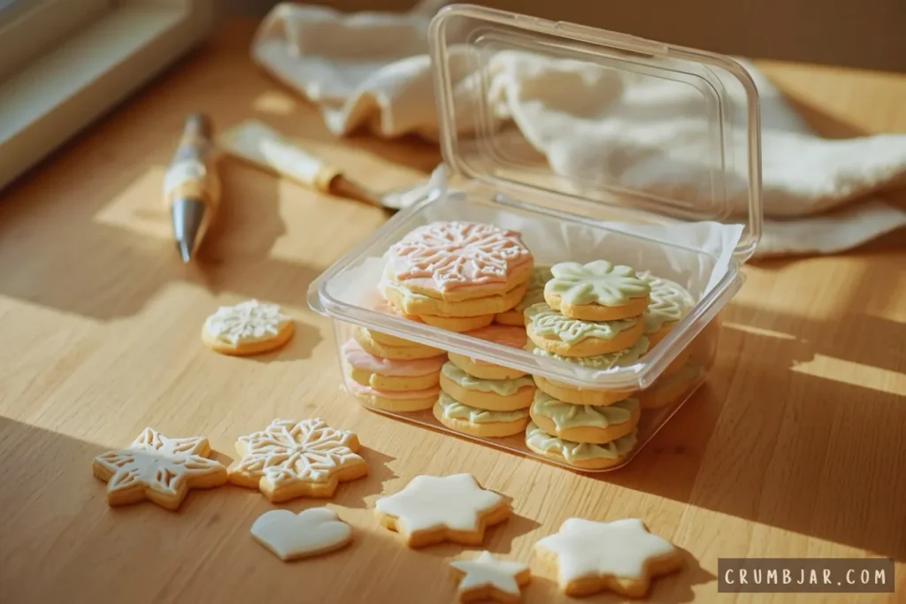 Decorated iced sugar cookies stacked between parchment paper layers inside a clear plastic container for storage.