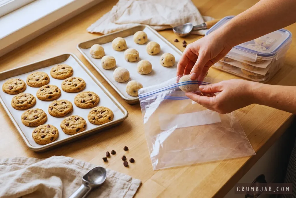 Placing chocolate chip cookie dough balls into a plastic freezer bag for storage next to freshly baked cookies on a baking sheet.