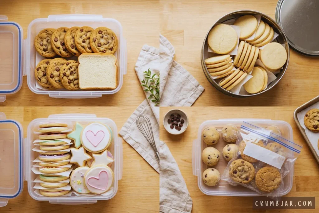 Four-panel grid demonstrating different cookie storage methods, including containers with a bread slice, tin with parchment, frosted cookies, and frozen cookie dough balls.