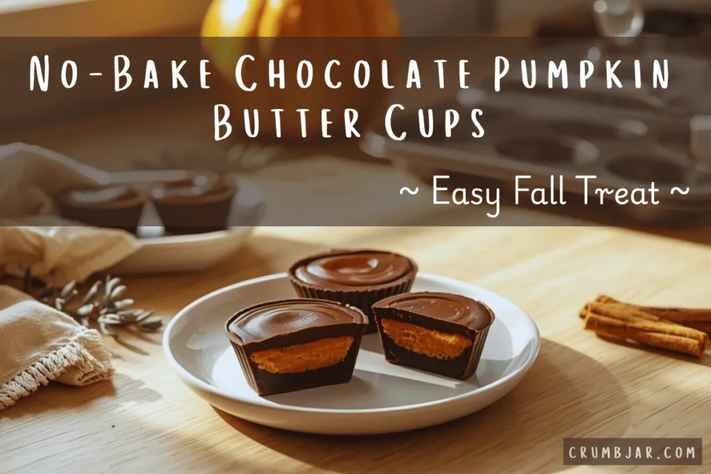 Homemade no-bake chocolate pumpkin butter cups on a plate, featuring overlay text reading "No-Bake Chocolate Pumpkin Butter Cups ~ Easy Fall Treat ~".