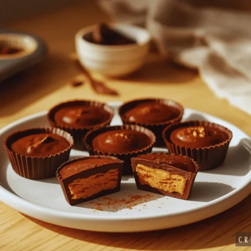 No-bake chocolate pumpkin butter cups arranged on a white plate, with one cup sliced in half to reveal the pumpkin filling.