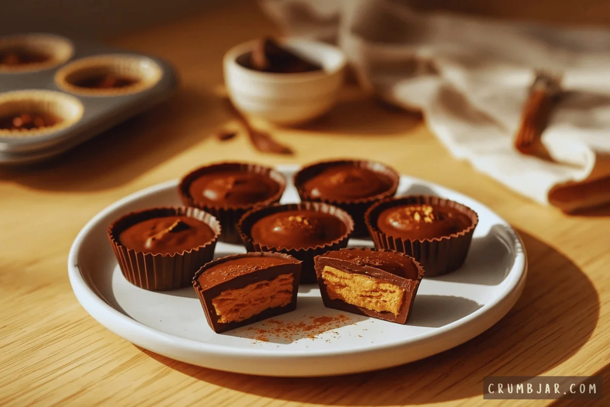 No-bake chocolate pumpkin butter cups arranged on a white plate, with one cup sliced in half to reveal the pumpkin filling.