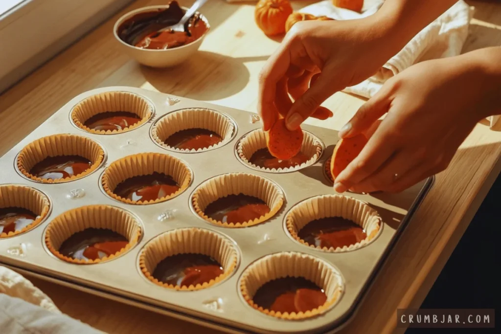 Placing pumpkin filling discs into paper cupcake liners lined with melted chocolate in a muffin tin to assemble no-bake chocolate pumpkin butter cups.