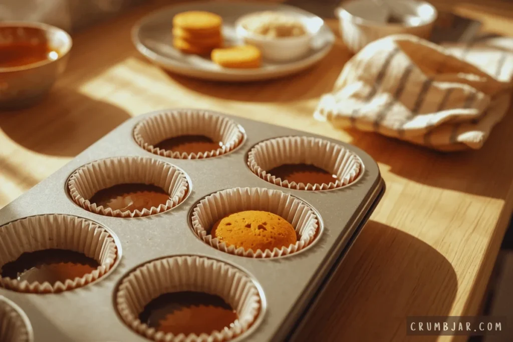Muffin tin lined with paper cups showing melted chocolate bases and a center pumpkin filling disc positioned for assembling chocolate pumpkin butter cups.