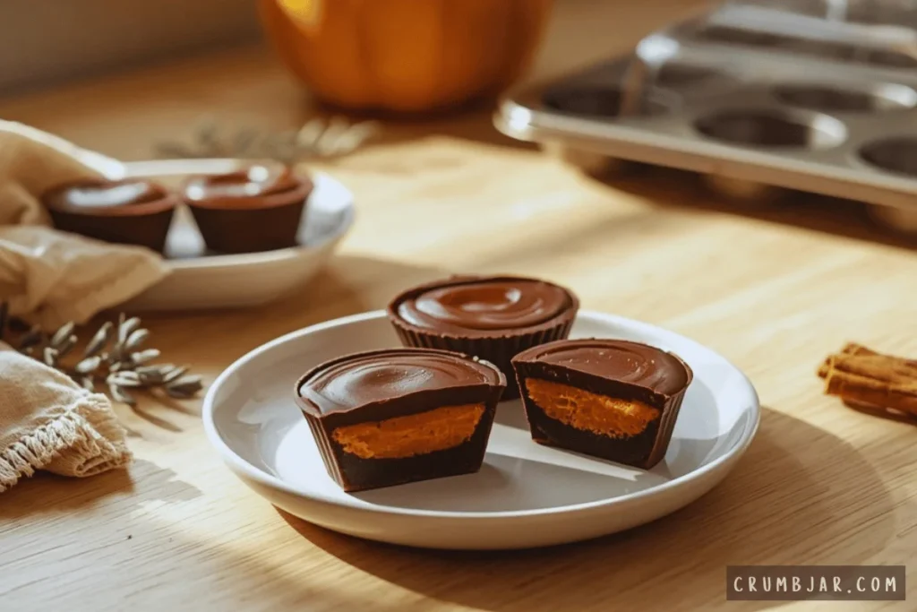 Chilled no-bake chocolate pumpkin butter cups displayed on a white plate, with two halved cups showing the orange pumpkin layer inside.