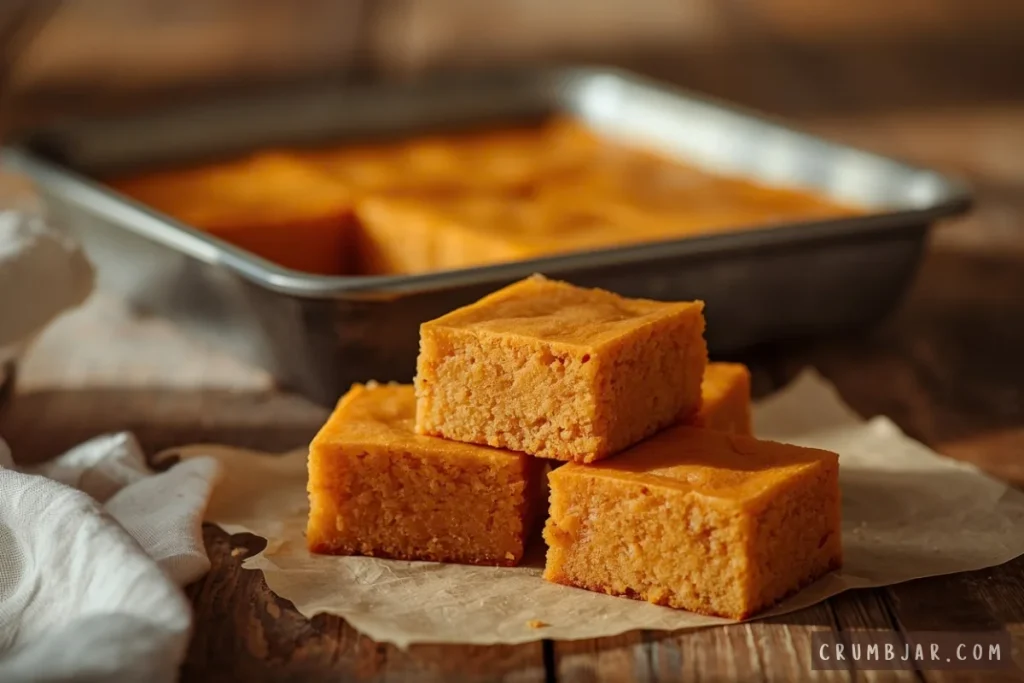 Sliced square pieces of baked pumpkin mochi stacked on parchment paper in front of a metal baking pan.