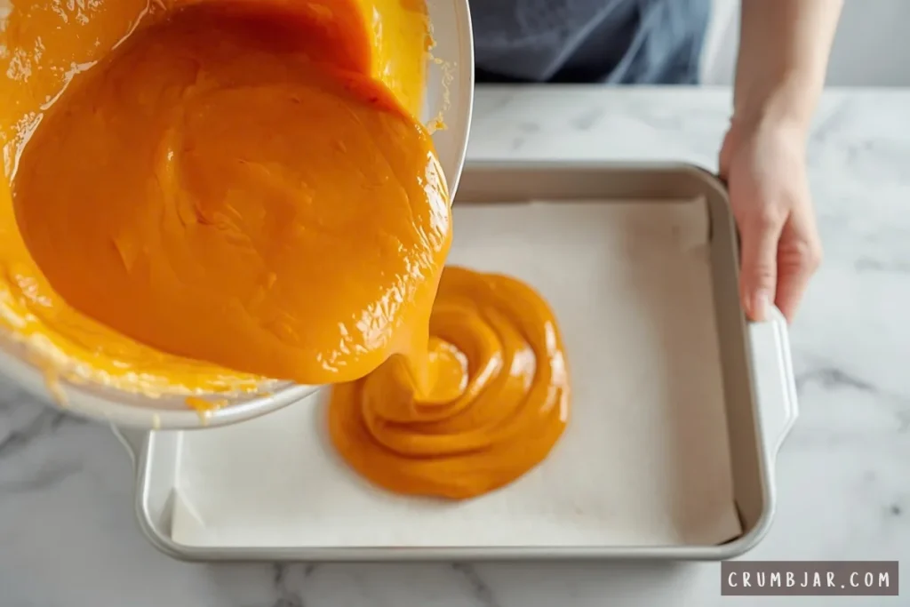 Pouring smooth orange pumpkin mochi batter into a parchment-lined metal baking pan.