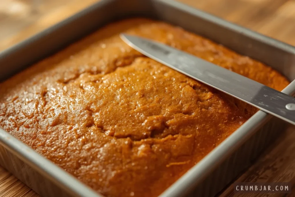 Sharp knife resting across a metal baking pan filled with golden-baked pumpkin mochi cake.
