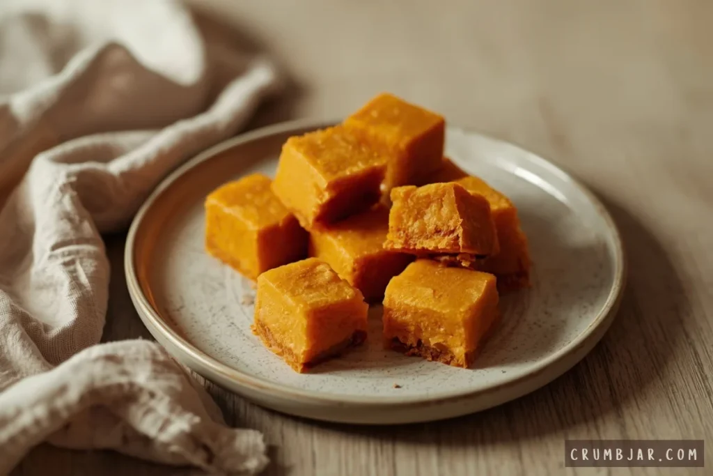 Bite-sized square pieces of chewy baked pumpkin mochi stacked on a ceramic serving plate.