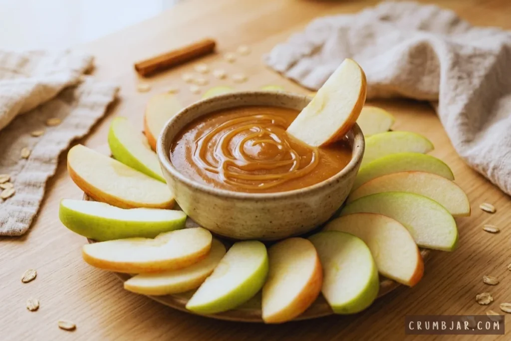 Bowl of smooth 5-minute caramel dip surrounded by fresh red and green apple slices, with one slice dipping into the caramel.