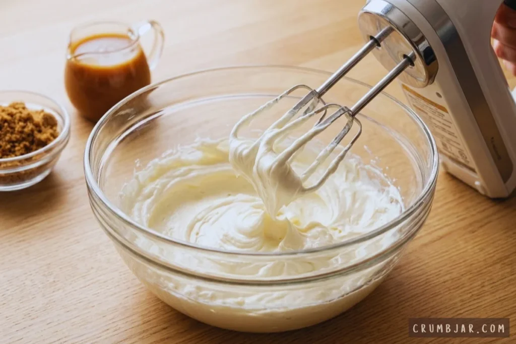Beating softened cream cheese with a hand mixer in a glass bowl to make caramel apple dip.
